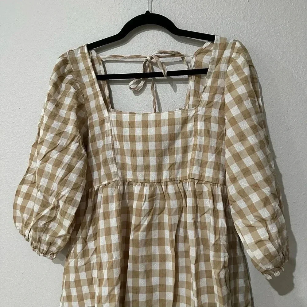 Umgee Gingham Beige & White Fall 3/4 Sleeve Tie Back A-Line Dress Size M NWT - Picture 4 of 13